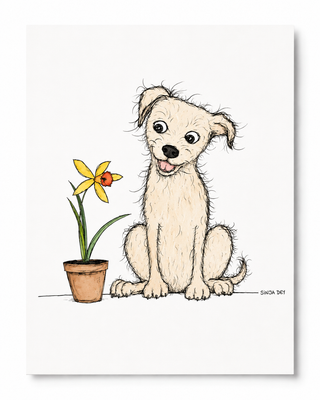 Daffodil Dog Postkarte – Hund mit Narzisse – DIN A6