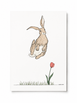 Easter Hop Postkarte – Hase mit Tulpe – DIN A6