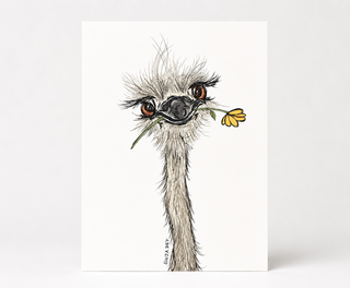 Hello Ostrich Postkarte – Strauß mit Blume – DIN A6