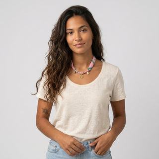 Statement Kette #4 aus Stoff Rosa & Grün mit goldfarbenen Anhängern – aus Lenzing™ Ecovero™ Viskose – Made in Germany – Emmilotta