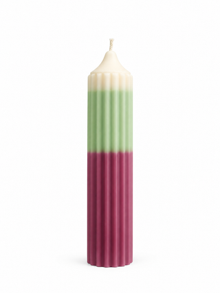 Geriffelte Stumpenkerze Creme-Grün-Bordeaux aus Rapswachs