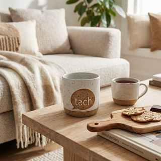 Keramikbecher „tach“ – handgemacht – Steinzeug Becher mit Sprechblase – 300 ml