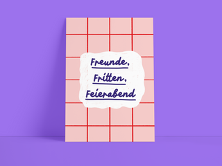 Postkarte "Freunde, Fritten, Feierabend" – Rosa mit rotem Gitter-Muster