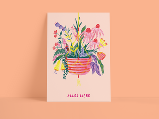 Postkarte "Alles Liebe" – Apricot mit buntem Blumen-Ampel-Motiv