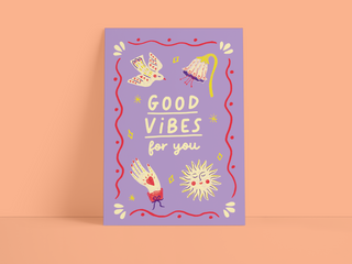 Postkarte "Good Vibes for You" – Flieder mit Folklore-Motiven