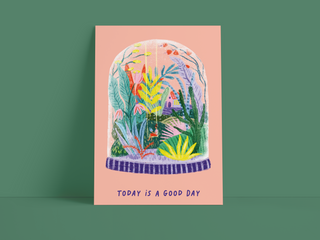 Postkarte "Today is a Good Day" – Lachs mit illustrierter Glaskuppel und Miniatur-Garten